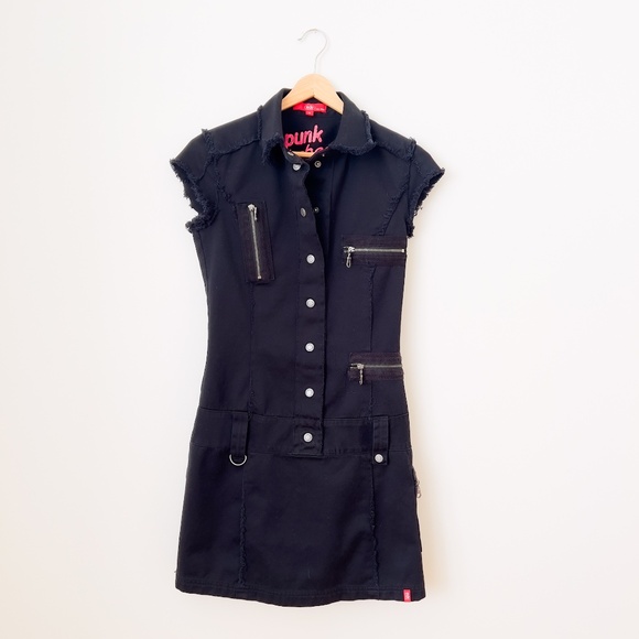 EDC by Esprit Thrashed Black Punk Goth Mini Dress Sz Small Zipper Frayed Rocker - Picture 1 of 15